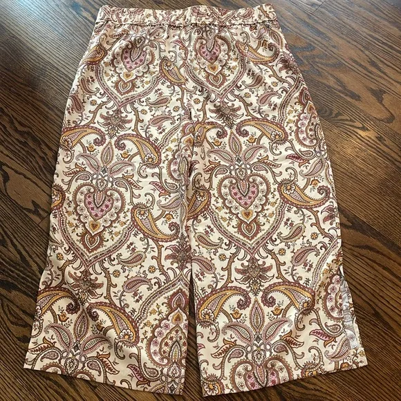 Melanie Lyne sz 14 Wide leg flowy cropped pants w paisley print brown pink gold - Picture 5 of 14